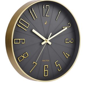Nautica l 12 Inch l Wall Clock with Silent Sweep Technology l Watch l Large Size l 1pc l ABS 3D Matt Rim l Solid Matt l Grey/Gold